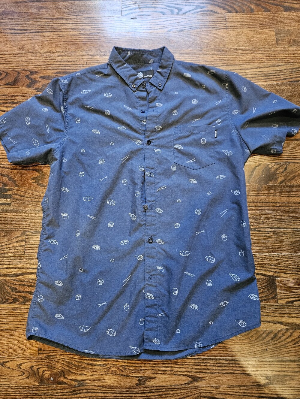 Molokai Surf Co Navy Blue Short-Sleeve Button-Up Shirt with Sushi Print